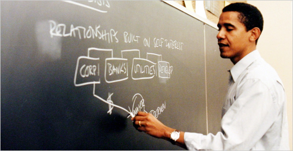 Former President Barack Obama in a classroom teaching students Alinsky methods